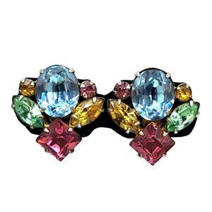 Vintage Rhinestone Earrings Multicolored Pink Blue Green Yellow Screw Back Costu